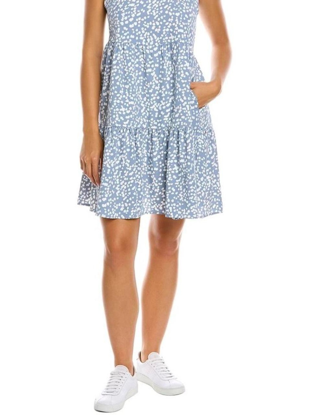 Matty M Sleeveless Tiered Flare Dress Blue & White Patterned Print Size Medium